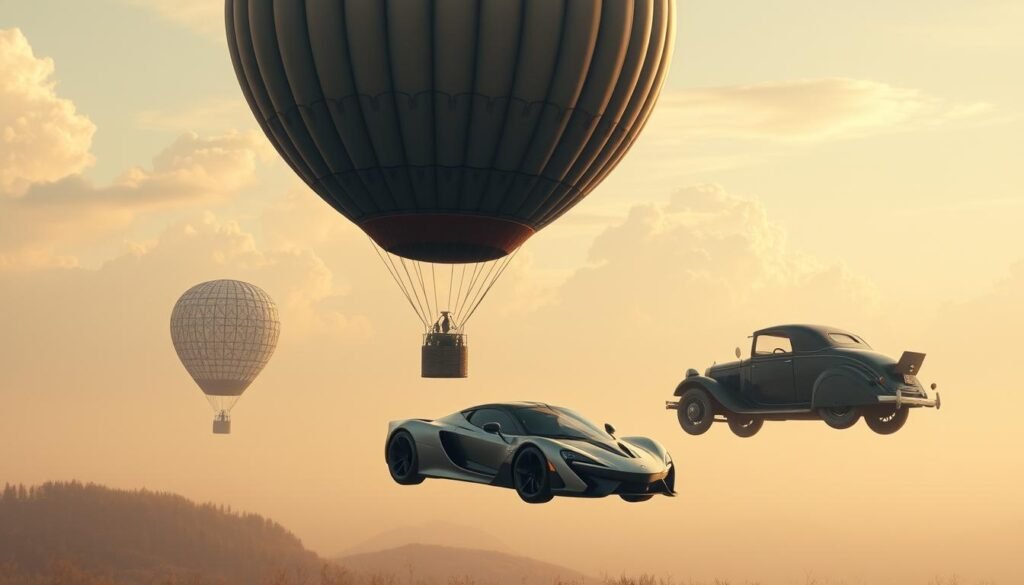 A surreal, dreamlike landscape with a variety of symbolic vehicles floating in the air, suspended in a serene, atmospheric environment. In the foreground, a majestic, ethereal hot air balloon drifts peacefully, its intricate design hinting at the subconscious desires of the dreamer. In the middle ground, a sleek, futuristic sports car hovers effortlessly, its sharp edges and gleaming chrome evoking a sense of control and power. In the background, a vintage, antique car floats gracefully, its weathered, nostalgic appearance evoking a sense of the past and the journey of self-discovery. The entire scene is bathed in a warm, golden light, creating a sense of tranquility and introspection. The overall mood is one of contemplation and exploration of the hidden meanings within the dream.