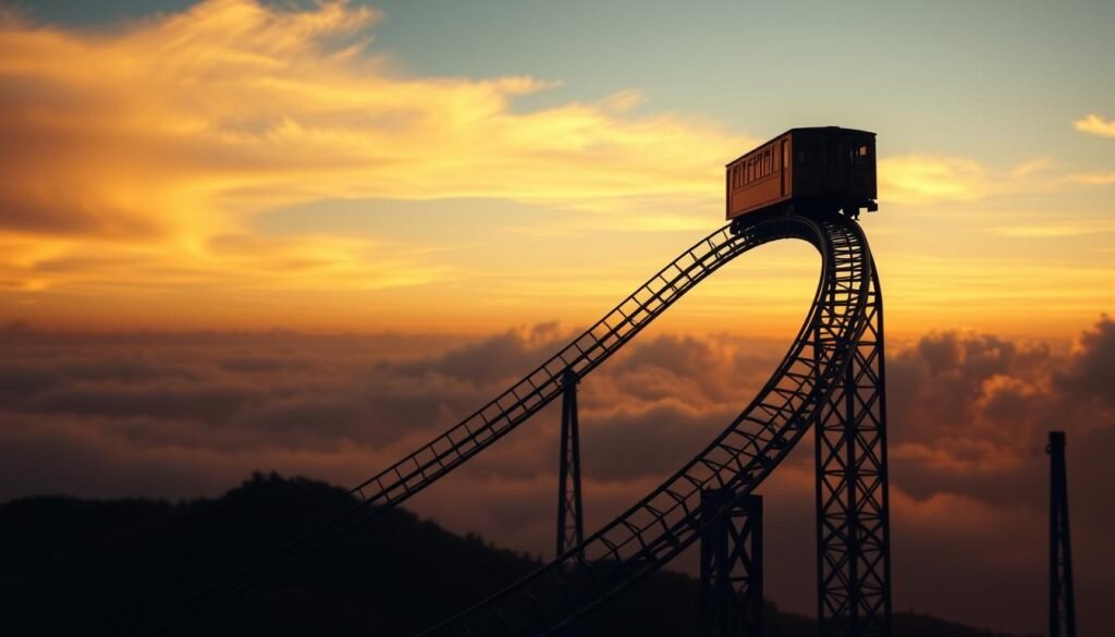 A surreal, dreamlike rollercoaster soaring against a vast, twilight sky. In the foreground, the rollercoaster's tracks twist and turn, casting dramatic shadows across a hilly landscape. The train car climbs higher, its silhouette a symbol of ambition and the thrill of achieving great heights. The background is a blurred, ethereal expanse, evoking a sense of the subconscious and the unknown. Warm, golden light filters through wispy clouds, casting a contemplative mood. The scene is captured with a wide-angle lens, emphasizing the rollercoaster's scale and the vastness of the dream realm. An atmospheric, cinematic composition that invites the viewer to ponder the deeper symbolism of rollercoaster dreams.