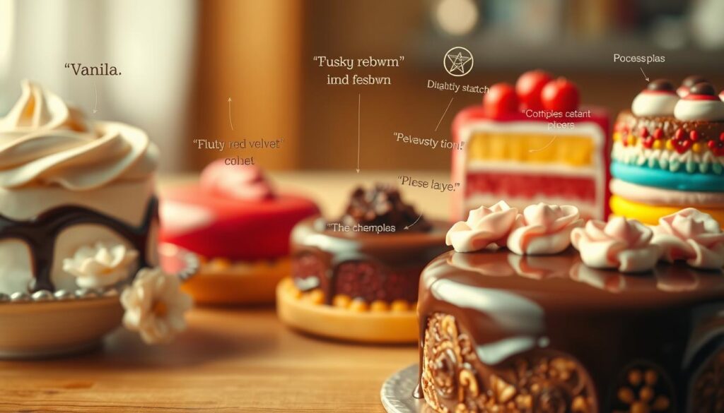 A surreal, dreamlike scene depicting a collection of delectable cakes with whimsical interpretations floating around them. In the foreground, a mouthwatering chocolate cake with glossy ganache, adorned with intricate sugar flowers. Surrounding it, a chorus of colorful pastries - a fluffy vanilla sponge with swirling cream, a rich red velvet cake with a gleaming crimson glaze, and a playful rainbow-layered confection. In the middle ground, ethereal wisps of text and symbols representing various dream interpretations drift between the cakes, hinting at the hidden meanings behind these edible visions. The background is blurred, creating a sense of depth and emphasizing the focal point of the cakes and their mystical symbols. Soft, warm lighting illuminates the scene, lending an inviting, dreamlike atmosphere.