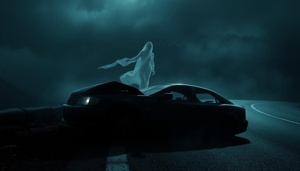 A surreal, dreamlike scene depicting the death symbolism in a car accident. In the foreground, a wrecked, crumpled car rests on the side of a winding mountain road, its headlights dimly lit. Trailing behind it, a ghostly silhouette of a person dissipates into the mist. In the middle ground, a diaphanous figure hovers over the car, their form indistinct and ethereal. The background is shrouded in an eerie, atmospheric haze, with the distant peaks of a rugged, snow-capped mountain range visible through the gloom. The lighting is moody and chiaroscuro, casting deep shadows and highlights that evoke a sense of unease and the supernatural. The overall tone is one of melancholy, loss, and the mysteries of the subconscious.