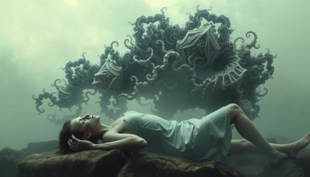 A surreal, dreamlike scene depicting the fragile boundaries of the subconscious mind. In the foreground, a figure lies restlessly, their form distorted and blurred, symbolizing the disruption of psychological integrity. Surrounding them, intricate, fractal-like patterns cascade, their intricate designs suggesting the complexity of dream processing. The background is hazy and ethereal, with muted colors and soft, diffused lighting, creating an atmosphere of disorientation and uncertainty. The composition is asymmetrical, adding a sense of unease and imbalance, mirroring the disruption of psychological boundaries. Subtle, abstract elements hint at the underlying themes of violation and restoration, guiding the viewer's interpretation of this evocative, visually compelling image.