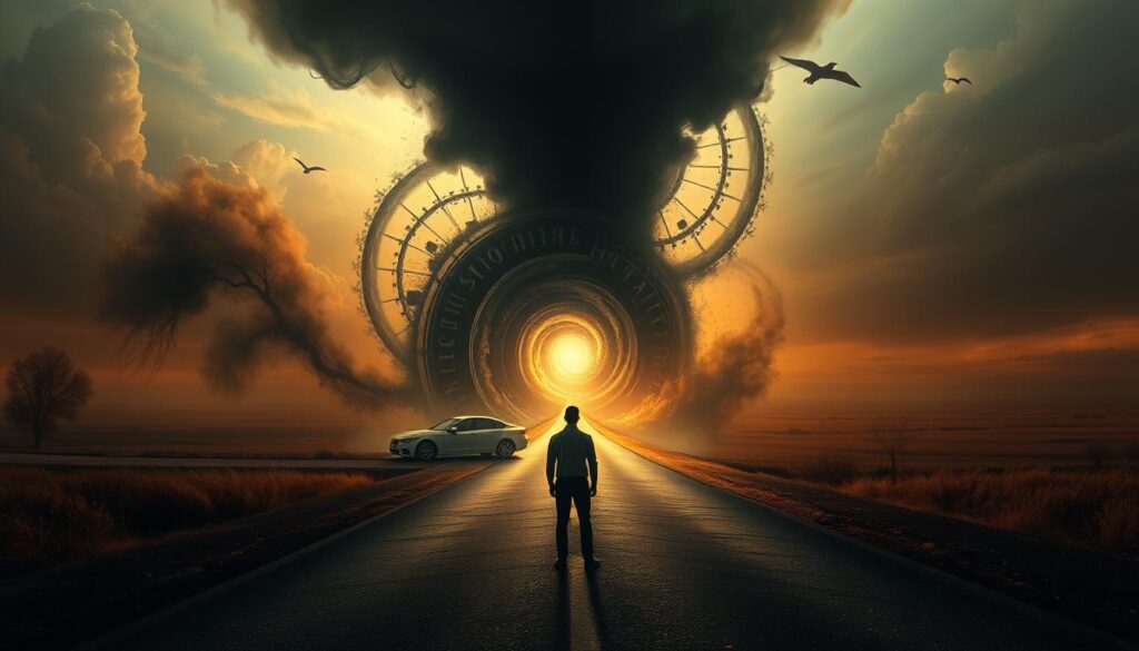 A surreal, dreamlike scene depicting the intersection of life transitions and the symbolism of death. In the foreground, a lone figure stands at a crossroads, facing a looming, shadowy car accident. The figure's expression is pensive, their eyes reflecting the weight of the difficult choice before them. The middle ground features a swirling vortex of symbolic imagery - fragmented memories, changing seasons, and the cycle of life and death. In the background, a vast, enigmatic landscape unfolds, hinting at the mysteries of the subconscious. Warm, soft lighting casts a contemplative glow, while the composition and angles create a sense of depth and psychological depth. The mood is one of introspection, transformation, and the profound significance of life's most challenging transitions.
