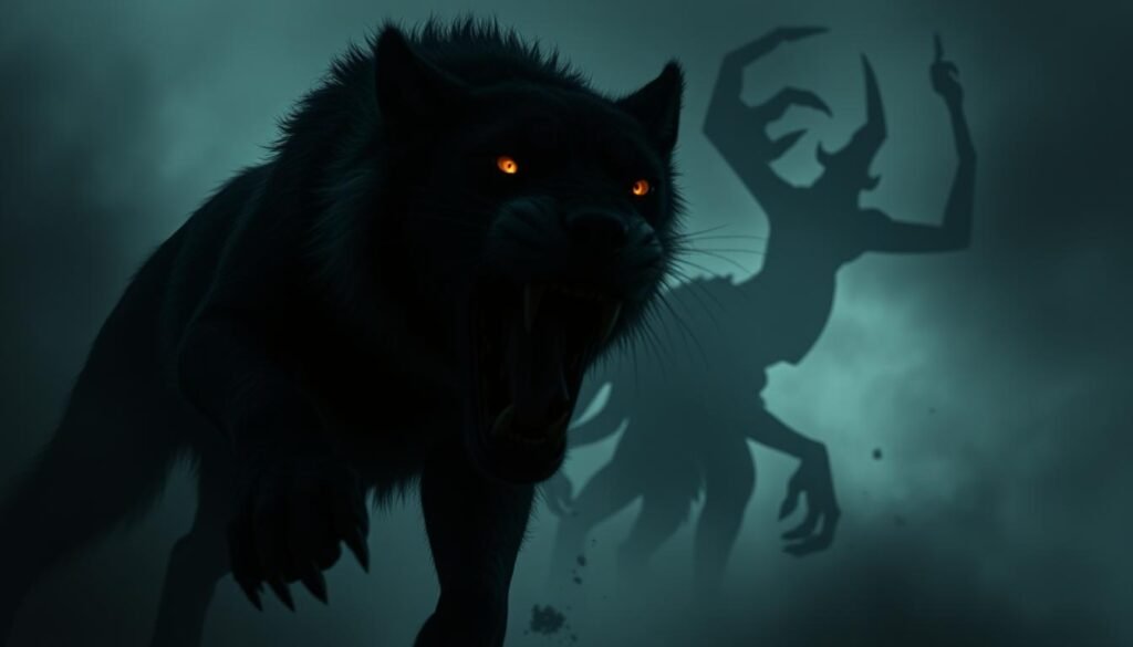 A surreal, dreamlike scene depicting the spiritual symbolism of animal attacks in dreams. In the foreground, a powerful, snarling beast - perhaps a wolf or big cat - lunges towards the viewer, its eyes burning with primal intensity. In the middle ground, abstract shapes and disjointed forms swirl and shift, hinting at the subconscious forces at play. The background is shrouded in a hazy, ethereal mist, creating an unsettling, otherworldly atmosphere. Dramatic chiaroscuro lighting casts dramatic shadows, heightening the sense of drama and tension. The overall mood is ominous, primal, and deeply symbolic, capturing the wild, untamed nature of the psyche unleashed in the dreamscape.