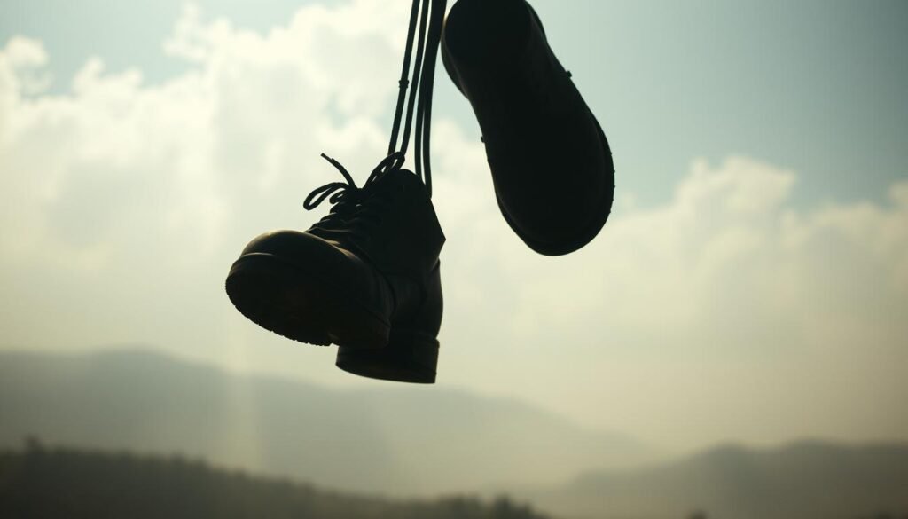 A surreal, dreamlike scene depicting the symbolic meaning of shoes in dreams. In the foreground, a pair of worn, weathered shoes hovers mysteriously, as if suspended in midair. The shoes appear to be the main focus, casting deep shadows that suggest a sense of uncertainty and the unknown. In the middle ground, a hazy, ethereal landscape unfolds, with wispy clouds and a muted color palette that evokes a subconscious, subterranean realm. The background is shrouded in a soft, diffused light, creating an atmosphere of introspection and the exploration of the self. The overall scene conveys a sense of the symbolic importance of footwear in dreams, alluding to themes of preparedness, transition, and the spiritual journey.