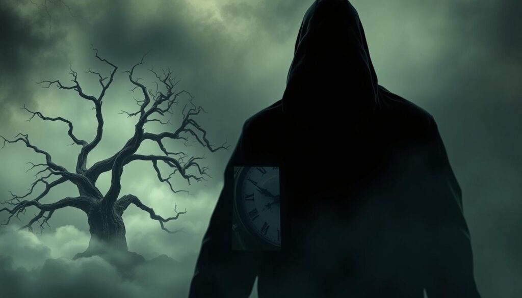 A surreal, dreamlike scene depicting the symbolic nature of death in dreams. In the foreground, a shadowy, hooded figure representing the concept of mortality hovers ominously, its shrouded face shrouded in mystery. In the middle ground, a series of symbolic imagery unfolds - a crumbling old-growth tree, its withered branches reaching skyward, a shattered mirror reflecting fragmented versions of the viewer, and a clock with its hands frozen in time. The background is a wash of muted, ethereal colors, creating a sense of liminal space and the subconscious. Dramatic chiaroscuro lighting casts dramatic shadows, heightening the sense of foreboding. The overall atmosphere evokes the unsettling, yet profound, symbolism of death in the realm of dreams.