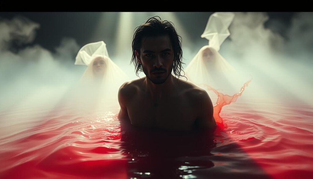 A surreal, dreamlike scene depicting the transformative power of blood in the human psyche. In the foreground, a striking figure emerges from a pool of crimson liquid, their face and body in a state of transfiguration, their expression conveying a sense of profound inner change. The middle ground features ghostly, ethereal forms swirling around the central figure, symbolizing the subconscious forces at play. The background is shrouded in a hazy, atmospheric mist, creating a sense of mystery and the unknown. The lighting is dramatic, with rays of light piercing through the mist, casting an otherworldly glow on the scene. The overall tone is one of introspection, transformation, and the exploration of the deep, primal connections between blood, the mind, and the spirit.