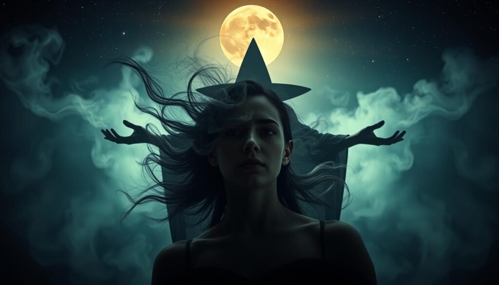 A surreal, dreamlike scene depicting the transformative symbolism of a witch. In the foreground, a young woman undergoes a magical metamorphosis, her features blending with ethereal wisps of smoke and shadows. Swirling eddies of energy surround her, hinting at the mystical forces at work. The middle ground features a shadowy silhouette of a witch, her outstretched hands channeling arcane power. In the background, a starry night sky with a full moon casts an otherworldly glow, suggesting the transcendent nature of this supernatural encounter. Soft, diffused lighting illuminates the scene, creating an atmosphere of enchantment and wonder. Cinematic wide-angle lens captures the scale and grandeur of this transformative vision.