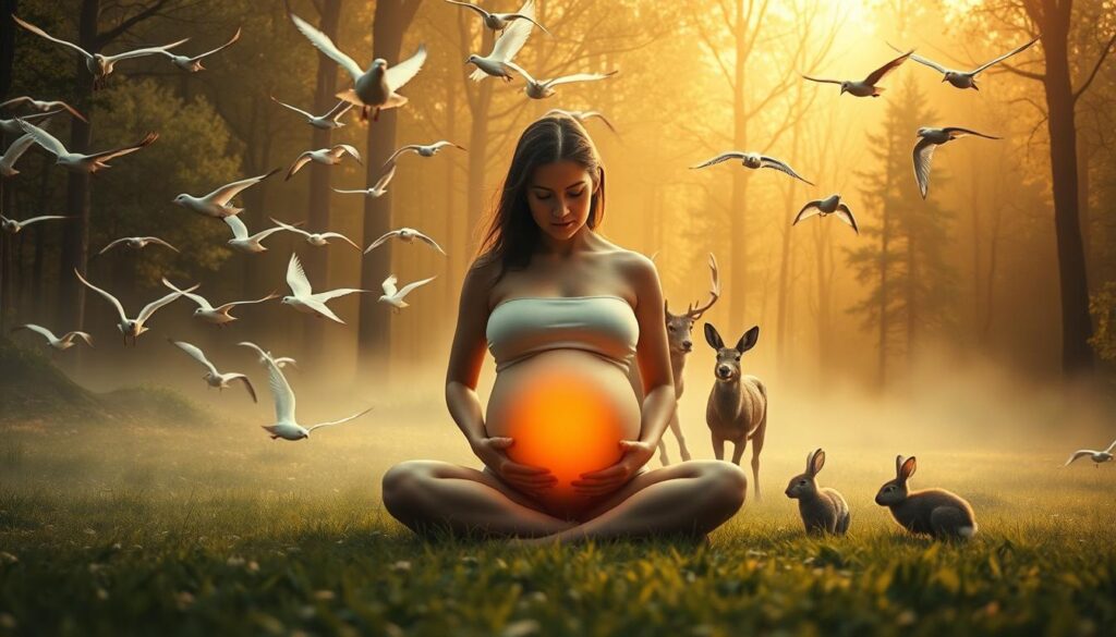 A surreal, dreamlike scene depicting various animal symbols associated with pregnancy dreams. In the foreground, a serene, glowing pregnant woman sits cross-legged, surrounded by a murmuration of graceful birds taking flight. In the middle ground, a majestic stag and a playful rabbit represent the power and vulnerability of the unborn child. In the background, a lush, ethereal forest bathed in warm, golden light creates a tranquil, introspective atmosphere. The image should convey the profound, mystical nature of pregnancy dreams and the animal archetypes that often appear within them.