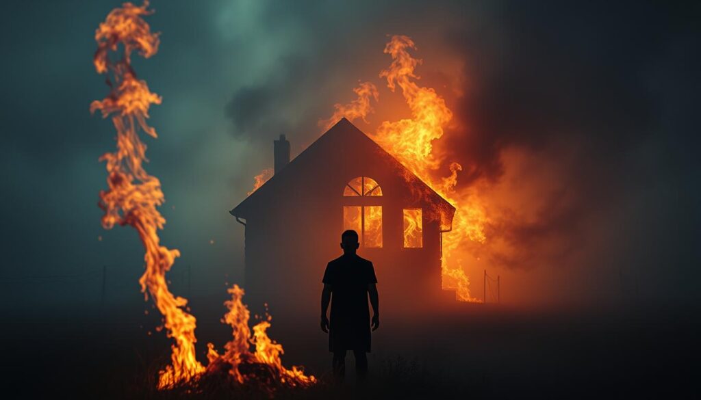 A surreal, dreamlike scene of a house engulfed in ethereal flames, representing the emotional turmoil and stress of the subconscious mind. In the foreground, a shadowy figure stands amidst the flickering flames, their face obscured by the intense heat and distortion. The middle ground is a hazy, muted landscape, with a sense of unease and anxiety permeating the air. In the background, a swirling vortex of color and energy, symbolic of the subconscious processing emotional trauma and transformation. Soft, diffused lighting creates an atmospheric, introspective mood, inviting the viewer to explore the deeper psychological implications of the imagery.