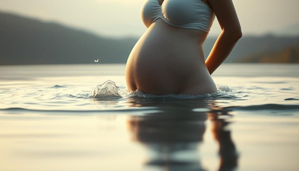 A surreal, dreamlike scene of a pregnant woman's belly emerging from a serene, reflective pool of water. The woman's form is partially obscured, with rippling waves and mist-like tendrils surrounding her, symbolizing the fluid, subconscious nature of pregnancy dreams. Soft, warm lighting illuminates the scene, casting a gentle, ethereal glow. The background is a hazy, out-of-focus landscape, allowing the focus to remain on the central metaphorical imagery. The composition is balanced and harmonious, evoking a sense of contemplation and the mystical connection between water and the gestational experience.