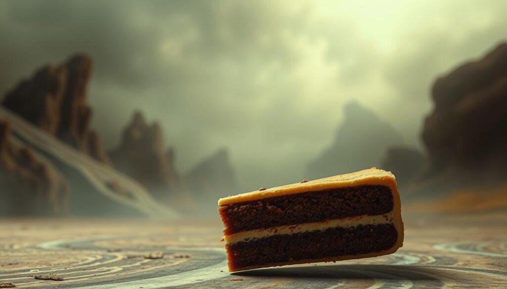 A surreal, dreamlike scene of a psychological cake dream interpretation. In the foreground, a slice of rich, decadent cake floats in mid-air, its texture and layers hypnotizing. The middle ground features a surreal, abstract landscape with swirling patterns and shapes, suggesting the subconscious mind. In the background, a soft, hazy atmosphere with muted colors creates a sense of mystery and introspection. The lighting is soft and diffused, adding to the ethereal, contemplative mood. The overall composition conveys the deep, symbolic meaning behind dreaming about cake, inviting the viewer to explore the psychological depths of the subconscious.