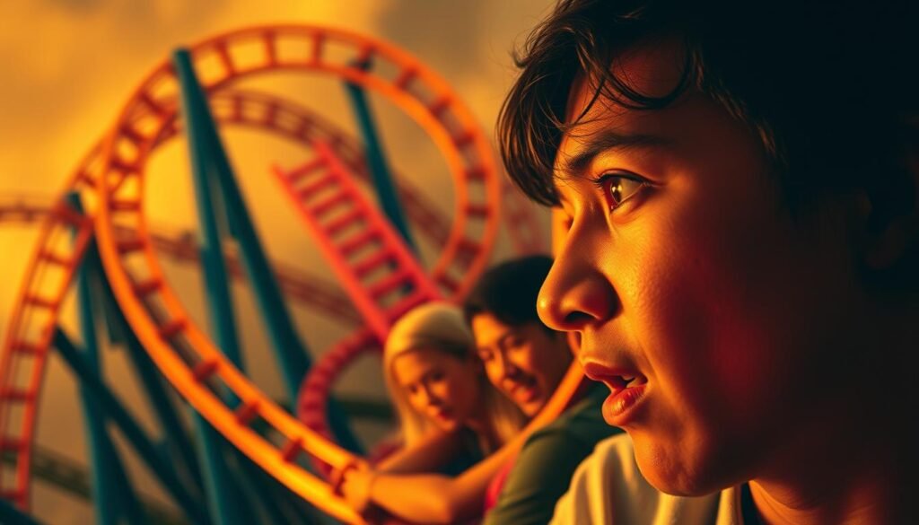 A surreal, dreamlike scene of a rollercoaster ride, capturing the emotional responses of the passenger. In the foreground, a person's face displays a range of expressions - fear, excitement, wonder - as they navigate the twists and turns of the coaster track. The middle ground features the rollercoaster itself, with its looping tracks and vibrant colors, conveying a sense of motion and thrill. The background is blurred and abstract, suggesting the subconscious and the power of the imagination. Warm, soft lighting casts a hazy, introspective glow over the entire scene, evoking the introspective nature of the &amp;amp;quot;rollercoaster dream&amp;amp;quot; experience. The image should have a cinematic, evocative quality, inviting the viewer to explore the emotional depth and psychological significance of the subject.