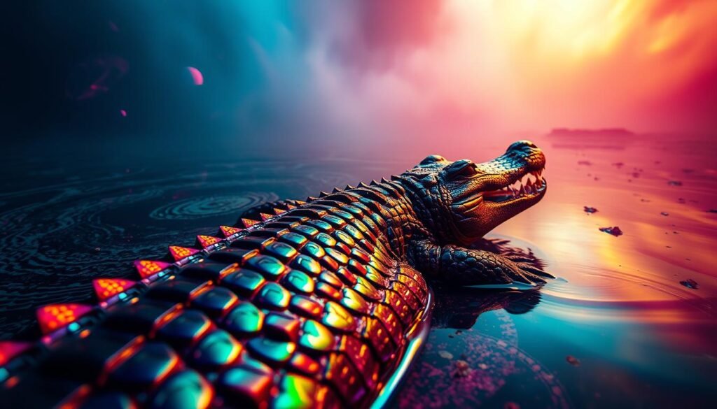 A surreal, dreamlike scene of a vibrant crocodile surrounded by a kaleidoscope of colors. In the foreground, the crocodile's scales shimmer in an iridescent rainbow, hinting at hidden depths and symbolic meanings. The middle ground features swirling patterns of psychedelic hues, evoking the subconscious nature of dreams. The background is a hazy, ethereal landscape in complementary shades, creating a sense of mysticism and the unknown. Dramatic lighting casts dramatic shadows, heightening the dramatic, emotional impact. Captured with a wide-angle lens to convey a sense of immersion and wonder. The overall mood is one of introspection, mystery, and the power of the unconscious mind.
