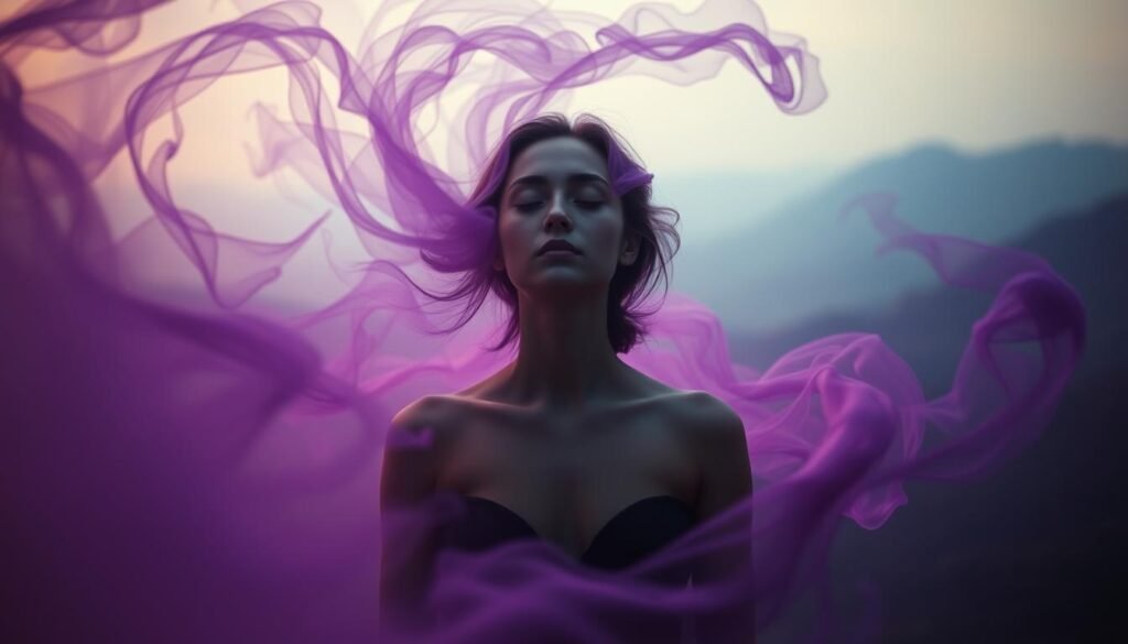 A surreal, dreamlike scene of a young woman surrounded by swirling, ethereal wisps of deep purple energy. Soft, diffused lighting bathes the figure in a mystical glow, her eyes closed as she meditates, her aura radiating an otherworldly, prophetic essence. In the background, a hazy, indistinct landscape of rolling hills and distant mountains, blended in hues of lavender and plum. The composition has a sense of tranquility and spiritual introspection, inviting the viewer to ponder the symbolic significance of the color purple in the realm of prophetic dreams.