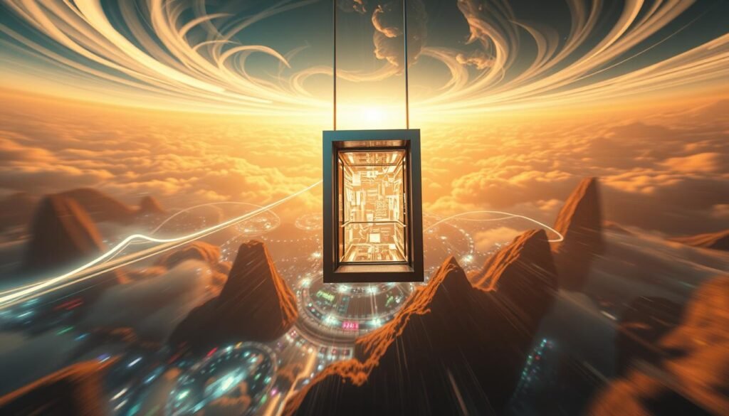 A surreal, dreamlike scene of an elevator hurtling through an abstract, otherworldly landscape. In the foreground, the elevator car appears to be suspended in mid-air, its doors ajar, revealing a sense of weightlessness and disorientation within. The elevator's exterior is sleek and metallic, with a subtle glow emanating from its interior. In the middle ground, the environment shifts to a kaleidoscopic blend of shapes and colors, suggesting a subconscious realm where the boundaries of reality dissolve. Streaks of light and energy undulate through the space, creating a sense of movement and dynamism. The background features a vast, ethereal sky, with swirling clouds and ethereal, celestial forms that seem to beckon the viewer into the dream-like realm. The lighting is dramatic, with a warm, golden hue that casts a sense of mystery and introspection over the entire scene.