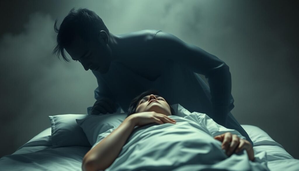 A surreal, dreamlike scene of anxiety and fear in the interpretation of a funeral dream. A shadowy, ethereal figure representing anxiety hovers over a person lying in a bed, their face twisted in distress. The background is hazy and indistinct, with a sense of disquiet and unease. Soft, muted colors create an atmosphere of uncertainty and unease. The lighting is moody and atmospheric, creating dramatic shadows and highlights. The composition draws the viewer's eye to the central figure, emphasizing the emotional turmoil and the role of anxiety in shaping the interpretation of the funeral dream.