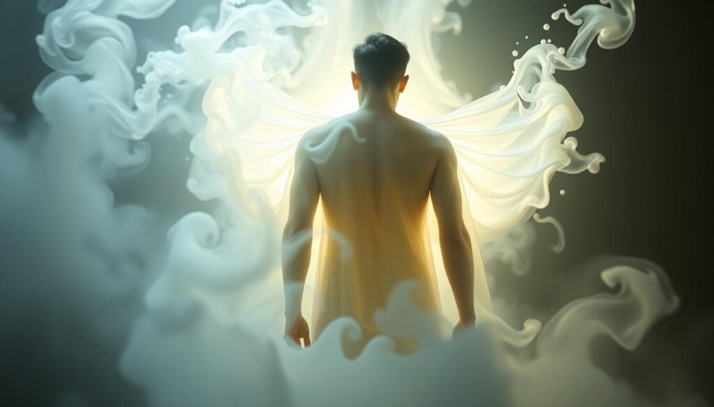 A surreal, dreamlike scene of milk-like vapors swirling and cascading around a figure undergoing a transformative process. The figure, backlit and obscured, appears to be shedding or emerging from a cocoon-like shell, symbolizing personal growth and rebirth. Soft, diffused lighting illuminates the ethereal, glowing milk-like mist, creating an atmosphere of tranquility and introspection. Hints of geometric patterns or abstract shapes subtly appear within the mist, alluding to the symbolic and psychological elements of the dream. The overall mood is one of quiet contemplation, inviting the viewer to ponder the deeper meanings and personal associations of milk in the context of transformative dreams.