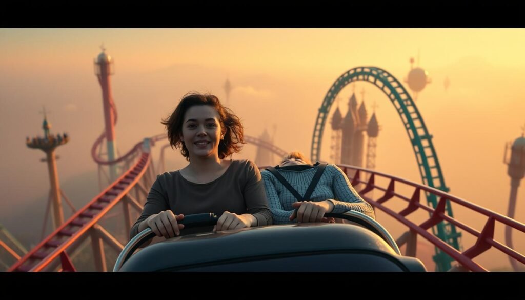 A surreal, dreamlike scene of two friends riding a fantastical rollercoaster through a whimsical, otherworldly landscape. In the foreground, the companions are seated together on the coaster, their facial expressions a mix of exhilaration and trepidation as they navigate the twists and turns. The mid-ground features the looping tracks of the rollercoaster, with towering, colorful structures and floating islands in the distance. The background is a hazy, ethereal vista, bathed in soft, warm lighting that creates an atmosphere of tranquility and wonder. The overall scene conveys a sense of the unpredictable and thrilling nature of life's rollercoaster journey, with the companions representing the steadfast presence of supportive relationships.
