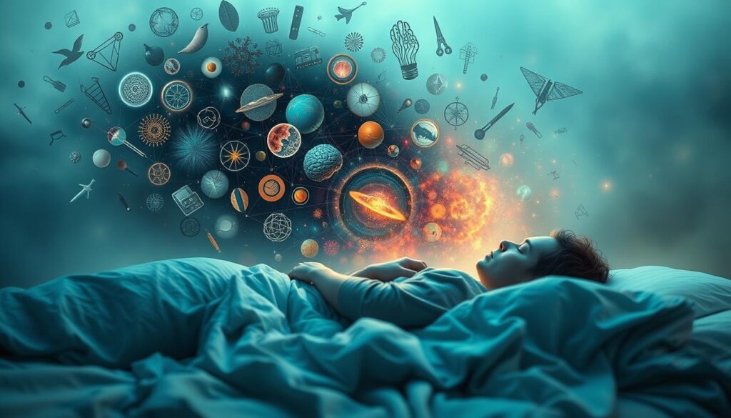 A surreal, dreamlike visualization of dream analysis techniques. In the foreground, a person lies sleeping, their mind's eye open to reveal a kaleidoscope of subconscious imagery - symbols, archetypes, and fleeting visions. Swirling around them, an array of analytical tools and methodologies, from Jungian psychology to modern neuroscience, all converging to unravel the mysteries of the unconscious. The background is a hazy, ethereal landscape, evoking the liminal space between waking and dreaming. Soft, diffused lighting casts an introspective, almost mystical atmosphere over the scene. The overall composition suggests the profound power and complexity of deciphering the enigmatic language of dreams.