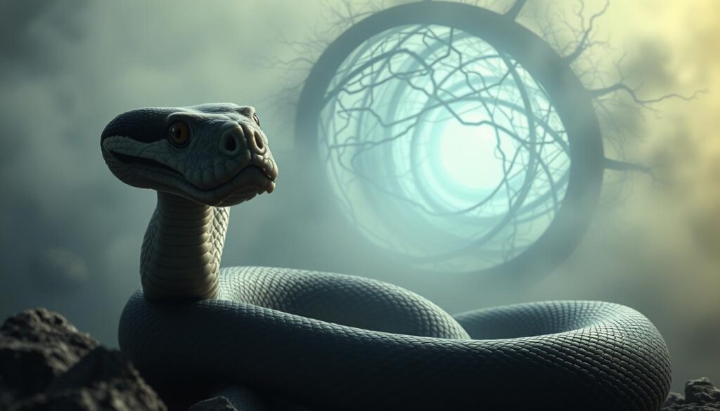 A surreal, dreamlike visualization of snake psychology. In the foreground, a large python coils gracefully, its piercing eyes gazing inward, reflecting the subconscious. The midground features an abstract, swirling vortex of neural pathways and synaptic connections, hinting at the deep, complex processes underlying the dream. The background is shrouded in a hazy, ethereal mist, creating a sense of the mysterious and the unknown. Soft, moody lighting casts dramatic shadows, evoking a pensive, introspective atmosphere. The composition is balanced and harmonious, guiding the viewer's eye through the layers of this psychological snake dream.