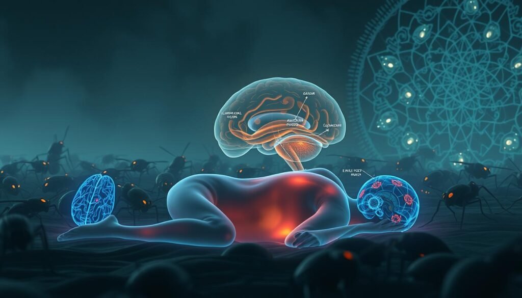 A surreal, dreamlike visualization of the scientific mechanisms behind REM sleep and insect-themed dreams. In the dimly lit foreground, a translucent human figure lies sleeping, their brain activity visualized as swirling, neon-hued neural networks. Surrounding them, a fantastical landscape of giant, hyperrealistic insects scuttle and crawl, their compound eyes glowing with an otherworldly luminescence. The middle ground features a cross-section of the sleeper's brain, with labeled regions highlighting the limbic system and visual cortex. In the distant background, an abstract, fractal-like pattern evokes the subconscious structures and processes driving the dream state. Soft, cinematic lighting creates an atmosphere of mystery and wonder, inviting the viewer to ponder the deep connections between sleep, cognition, and the natural world.