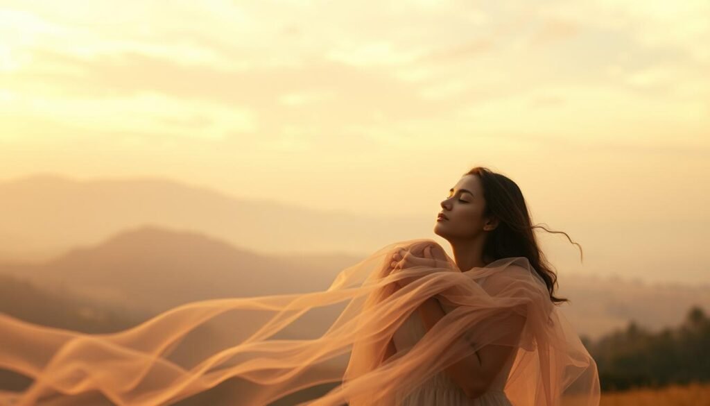 A surreal dreamscape blending the tangible and the ephemeral. In the foreground, a couple embrace, their physical forms blurring into ethereal wisps and translucent tendrils. Their eyes are closed, faces serene, as if losing themselves in a shared reverie. The middle ground is a hazy, pastel-hued landscape, with soft-focus hills and the suggestion of distant structures. Overhead, the sky is a shifting kaleidoscope of colors and shapes, mirroring the subconscious interplay of the couple's minds. Lighting is warm and diffuse, creating an atmosphere of contemplative introspection. The overall effect is one of deep, intuitive connection transcending the boundaries of waking reality.