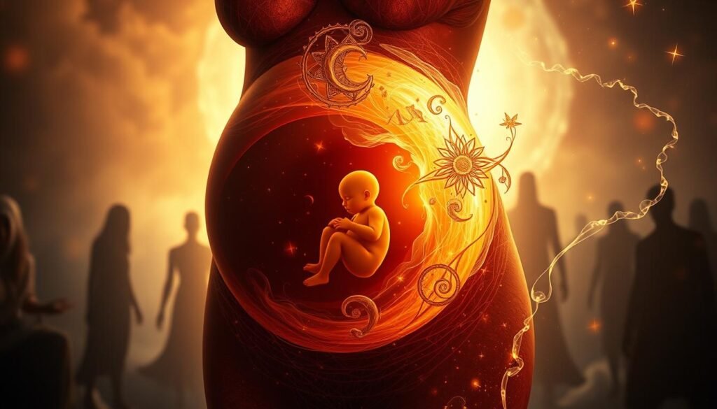 A surreal dreamscape depicting a pregnant woman's womb, with intricate symbolism representing the themes of birth and labor. The fetus is visible within, surrounded by swirling cosmic energy and ethereal celestial elements. Soft, warm lighting illuminates the scene, creating an intimate, meditative atmosphere. In the background, shadowy figures represent the subconscious and the mysteries of the birthing process. The composition is balanced, with the pregnant belly as the focal point, conveying the profound significance of this transformative experience.