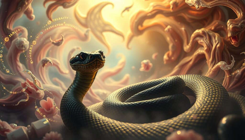 A surreal dreamscape depicting a rattlesnake coiled amidst a swirling vortex of vibrant emotions. In the foreground, the snake's piercing gaze and tense coils convey a sense of anticipation and unease. Shimmering waves of anxiety, fear, and tension radiate outward, creating an atmosphere of unease. In the middle ground, soft pastel hues blend into abstract shapes, representing the subconscious realm of the dreamer's psyche. The background is bathed in a warm, golden light, suggesting the spiritual or intuitive nature of the dream. The overall composition evokes a sense of the unknown, the mystical, and the deeply personal.