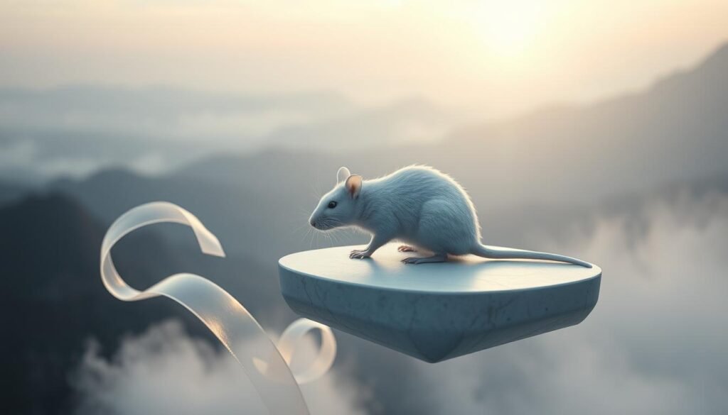 A surreal dreamscape depicting a serene white rat, its fur glistening with a pearlescent sheen, resting atop a floating, abstract platform. In the middle ground, ethereal ribbons of mist swirl and dance, casting a hazy, contemplative atmosphere. The background is a realm of muted, dreamlike landscapes, with distant, soft-focus mountains and a sky aglow with a subtle, otherworldly luminance. Soft, diffused lighting bathes the scene, creating a sense of tranquility and introspection, as if capturing a moment of profound insight or guidance from the subconscious.