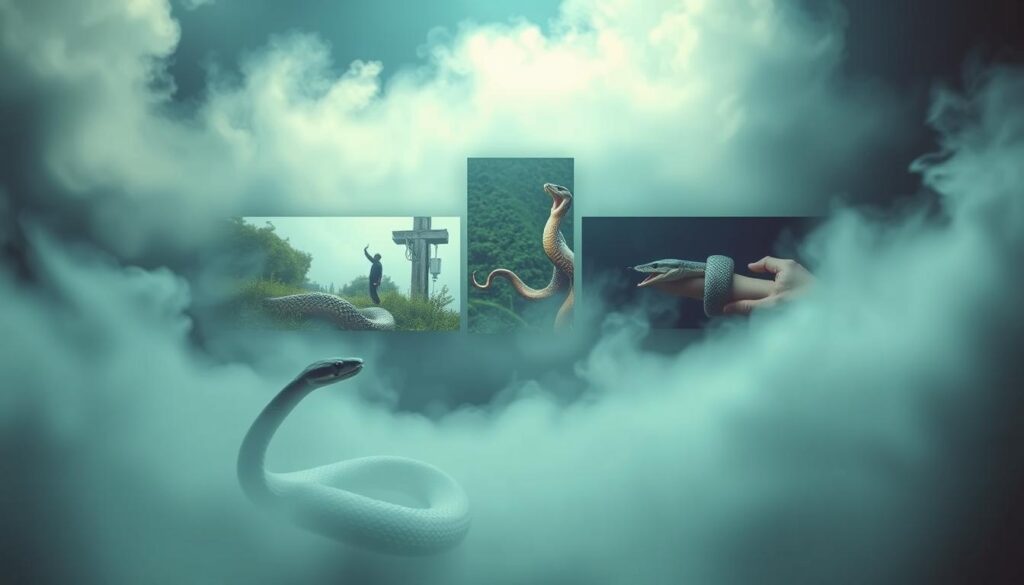 A surreal dreamscape depicting common scenarios of a python snake dream. In the foreground, a coiled python snake emerges from a swirling mist, its scales glimmering with an ethereal glow. In the middle ground, a series of vignettes unfold - a python slithering through a lush, verdant landscape, a python rearing up to strike, and a python wrapping around a person's arm. The background is shrouded in a hazy, atmospheric setting, with soft lighting and a sense of the subconscious. The overall mood is one of mystery, symbolism, and the exploration of the deeper meanings behind python snake dreams.