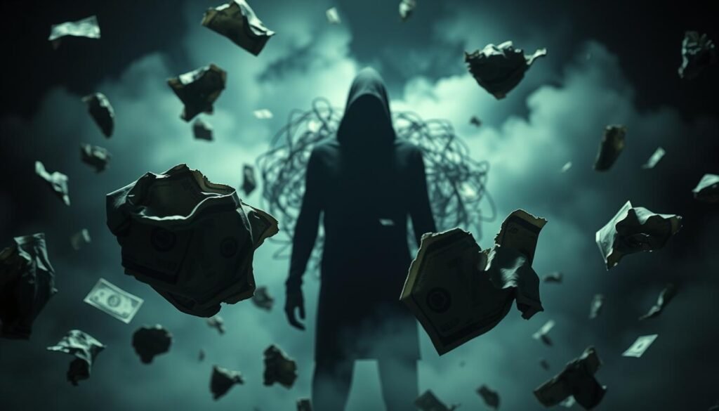 A surreal dreamscape depicting financial stress, with crumpled and torn paper money floating ominously in the foreground. The money appears to be disintegrating, conveying a sense of instability and insecurity. In the middle ground, a shadowy figure is caught in a tangled web of numbers and symbols, symbolizing the complexities and pressures of financial concerns. The background is hazy and ethereal, with a faint glow that adds to the unsettling atmosphere. The lighting is dramatic, with sharp contrasts and deep shadows, creating a sense of unease and unease. The overall composition evokes the uneasy and unsettling nature of financial stress dreams.