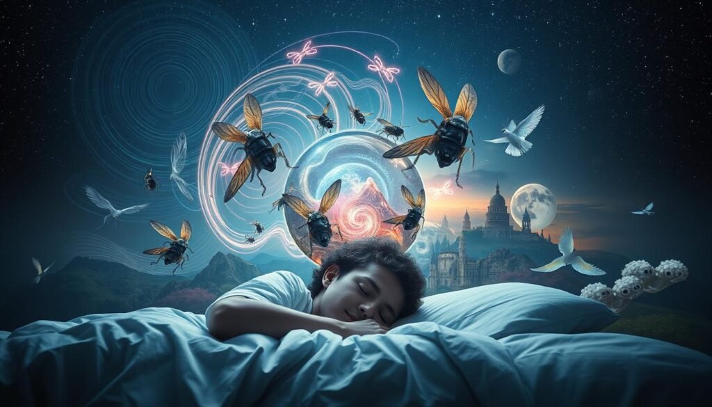 A surreal dreamscape depicting the different stages of sleep and dream cycles. In the foreground, a sleeping figure's brain activity is visualized through swirling, ethereal patterns of light and color. Surrounding this are various insect-like creatures, each representing a different stage of sleep - from the deep, restful slow-wave sleep to the rapid eye movement (REM) stage where dreams come alive. The middle ground features a collage of dreamlike imagery, including fantastical landscapes, abstract shapes, and fragmented memories. In the background, a starry night sky sets the tranquil, contemplative mood. The lighting is soft and muted, creating an otherworldly, introspective atmosphere. The overall composition suggests the interconnectedness of sleep, dreams, and the subconscious mind.