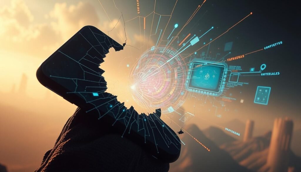 A surreal dreamscape depicting the pervasive influence of technology on our subconscious. In the foreground, a shattered smartphone screen warps and distorts, its cracks radiating outward like a spider's web. Swirling digital artifacts, data streams, and holographic displays fill the middle ground, creating a complex tapestry of technological obsession. The background fades into a hazy, ethereal landscape, suggesting the blurring of reality and the virtual world. Soft, warm lighting casts a dreamlike glow, while a sense of unease and unrest permeates the scene, hinting at the unsettling nature of our technological dependency.