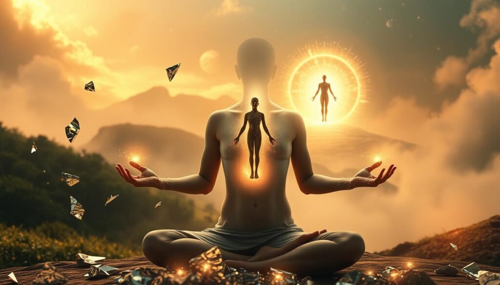 A surreal dreamscape depicting the spiritual journey of dream divorce. In the foreground, a serene figure meditates, hands outstretched, as glowing ethereal energy flows from their fingertips. Surrounding them, shimmering fragments of shattered mirrors, representing the breaking of old perceptions. In the middle ground, a translucent figure emerges from a shimmering portal, symbolizing the release of the soul. The background is a lush, mystical landscape, with swirling mists and celestial bodies illuminating the scene with a soft, otherworldly glow. Warm, diffused lighting casts a healing ambiance, while a shallow depth of field draws the viewer's focus to the central figures. The overall mood is one of introspection, transformation, and the liberating power of spiritual healing.