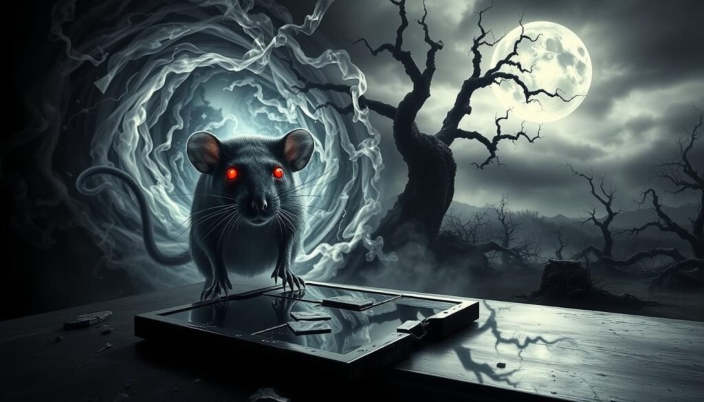 A surreal dreamscape depicting the spiritual warfare symbolism in a rat dream. In the foreground, a spectral rat emerges from a swirling vortex of dark energy, its glowing red eyes piercing the viewer. Wisps of ethereal smoke and shadowy tendrils coil around the rat, hinting at unseen demonic forces. The middle ground features a shattered mirror, reflecting distorted images of the rat and the roiling supernatural activity. In the background, a bleak, monochromatic landscape shrouded in mist and darkness, with twisted, gnarled trees reaching towards a foreboding sky. Dramatic chiaroscuro lighting casts dramatic shadows, creating an ominous, unsettling atmosphere.