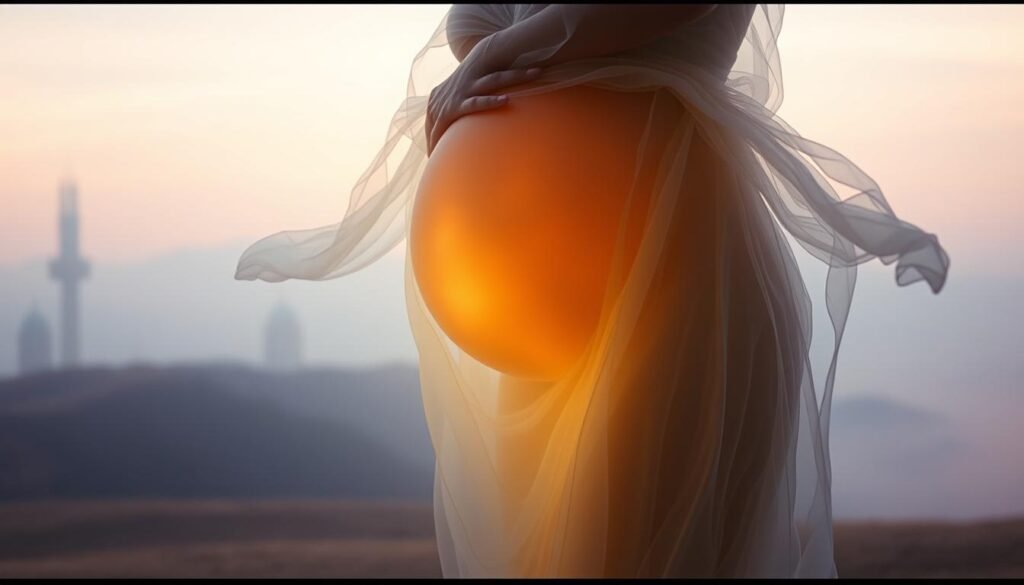 A surreal dreamscape depicting the symbolism of a pregnant belly. A glowing, ethereal figure floats in a hazy, pastel-tinted sky, their pregnant midsection the focal point. Wispy, translucent fabric or energy forms envelop the figure, suggesting the mystical, intangible nature of the dream. The background is a soft, impressionistic landscape, with muted colors and a sense of tranquility. Subtle lighting creates a warm, introspective atmosphere, highlighting the contemplative, subconscious elements of the dream imagery. An artistic, interpretive representation of the symbolic meaning of pregnancy in one's dreams.