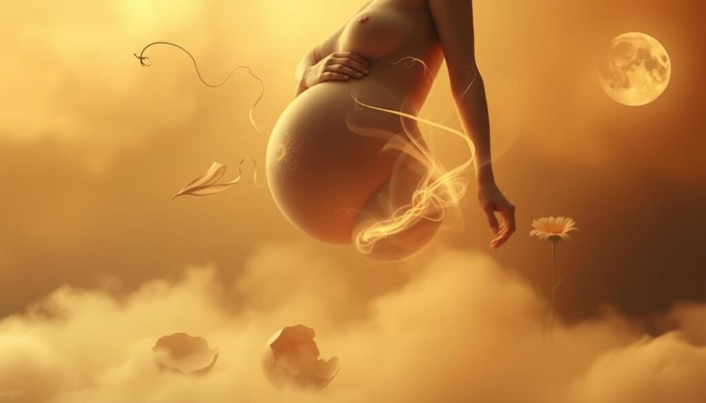 A surreal dreamscape depicting the symbolism of pregnancy dreams. In the foreground, a pregnant figure floats ethereally, their belly emanating a soft, glowing light. Wispy, abstract shapes and tendrils swirl around them, representing the subconscious emotional themes of growth, transformation, and new life. The middle ground features symbolic imagery - a cracked eggshell, a blooming flower, a celestial moon. The background is a hazy, atmospheric blend of muted colors, evoking the subconscious nature of the dream world. Warm, diffused lighting casts a tranquil, contemplative mood. Captured with a wide-angle lens to enhance the sense of depth and surreal, introspective nature of the scene.