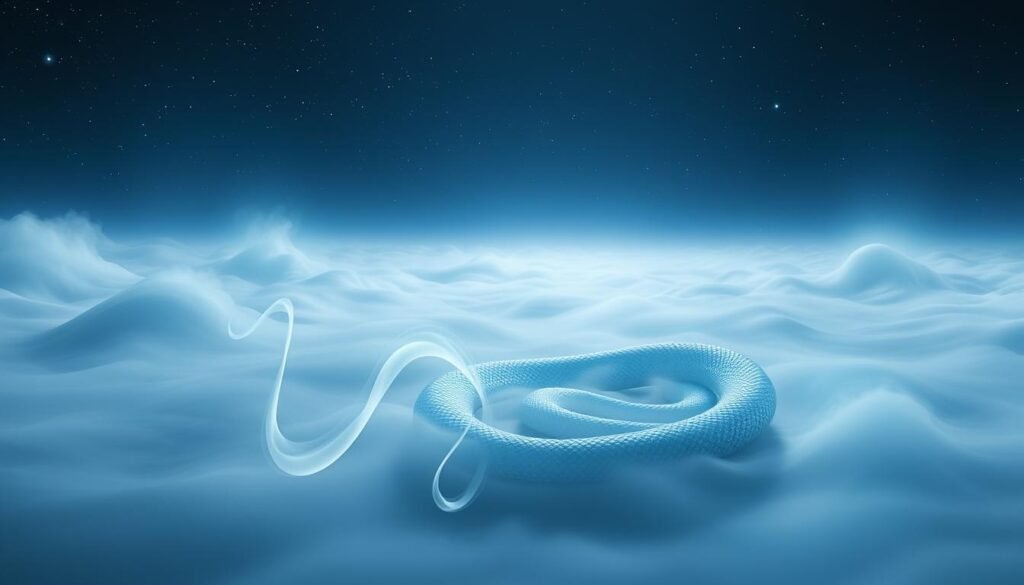 A surreal dreamscape featuring a majestic blue snake coiled amidst a serene, ethereal landscape. The snake's scales shimmer with an otherworldly glow, reflecting the soft, diffused lighting that casts a hazy, mystical ambiance. In the middle ground, wispy, translucent tendrils of mist swirl and curl, creating an impression of a liminal space between the physical and the spiritual. The background depicts a vast, infinite expanse of deep indigo skies, dotted with twinkling stars that lend a sense of cosmic wonder. The composition is balanced and harmonious, inviting the viewer to ponder the symbolic significance of the blue snake and its potential connection to themes of healing, transformation, or deception.