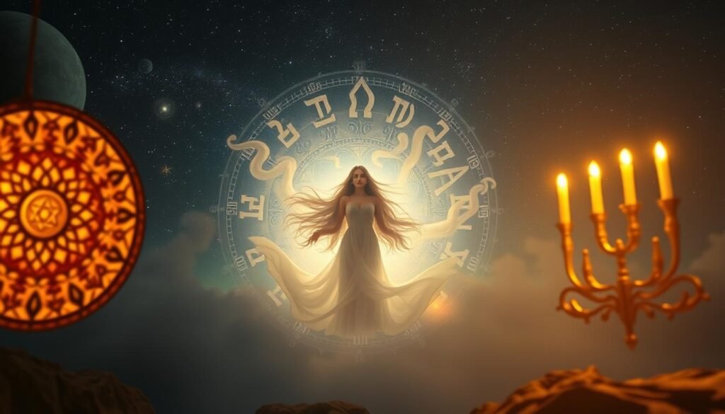 A surreal dreamscape featuring cultural symbols and Jewish hair interpretations. In the foreground, a Kabbalistic mandala and a Menorah float ethereally, casting a warm, mystical glow. In the middle ground, an ethereal figure with flowing locks emerges from a whirlwind of ancient Hebrew scripts and Judaica motifs. The background depicts a starry night sky, with celestial bodies and astrological symbols alluding to the spiritual significance of hair in Jewish tradition. Soft, diffused lighting creates an atmosphere of contemplation and introspection. Captured through a wide-angle lens, the composition evokes a sense of wonder and mysticism surrounding the cultural influences on hair-related dream interpretation.