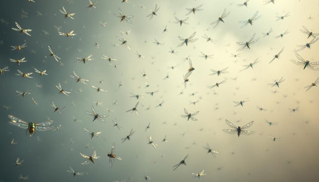 A surreal dreamscape filled with a swarm of ethereal flying insects, their translucent wings shimmering with iridescent hues. In the foreground, a cluster of delicate, diaphanous moth-like creatures drift languidly, their bodies glowing with an otherworldly luminescence. In the middle ground, a flock of darting dragonflies weave intricate patterns through the air, their emerald and sapphire bodies casting shifting reflections. The background is shrouded in a hazy, indistinct mist, hinting at the boundless and mysterious nature of the subconscious realm. The overall scene evokes a sense of tranquility and mysticism, inviting the viewer to ponder the symbolic significance of these ethereal winged beings.