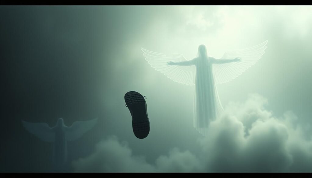 A surreal dreamscape filled with ethereal symbols of protection and vulnerability. In the foreground, a pair of disembodied shoes float, representing the loss of one's spiritual grounding. The middle ground features wispy, transparent forms resembling guardian spirits or ethereal barriers, hinting at the subconscious's attempts to shield the dreamer. The background is shrouded in a hazy, atmospheric mist, creating a sense of mystery and the unknown. Diffused lighting casts a soft, otherworldly glow, evoking the intangible nature of dream imagery. The overall composition conveys a profound sense of fragility and the search for emotional safeguards within the subconscious realm.
