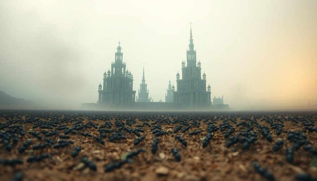 A surreal dreamscape filled with symbolic ant imagery. In the foreground, a swarm of ants crawl across a vast expanse of earth, their movements graceful and hypnotic. In the middle ground, towering ant structures rise up, their intricate architecture reflecting the industrious nature of the colony. The background fades into a hazy, ethereal landscape, with a soft, warm light casting a dreamlike glow over the entire scene. The composition is balanced and visually striking, inviting the viewer to ponder the deeper meanings and interpretations of the ant symbolism. The overall mood is contemplative and mysterious, evoking the subconscious realm of dreams.