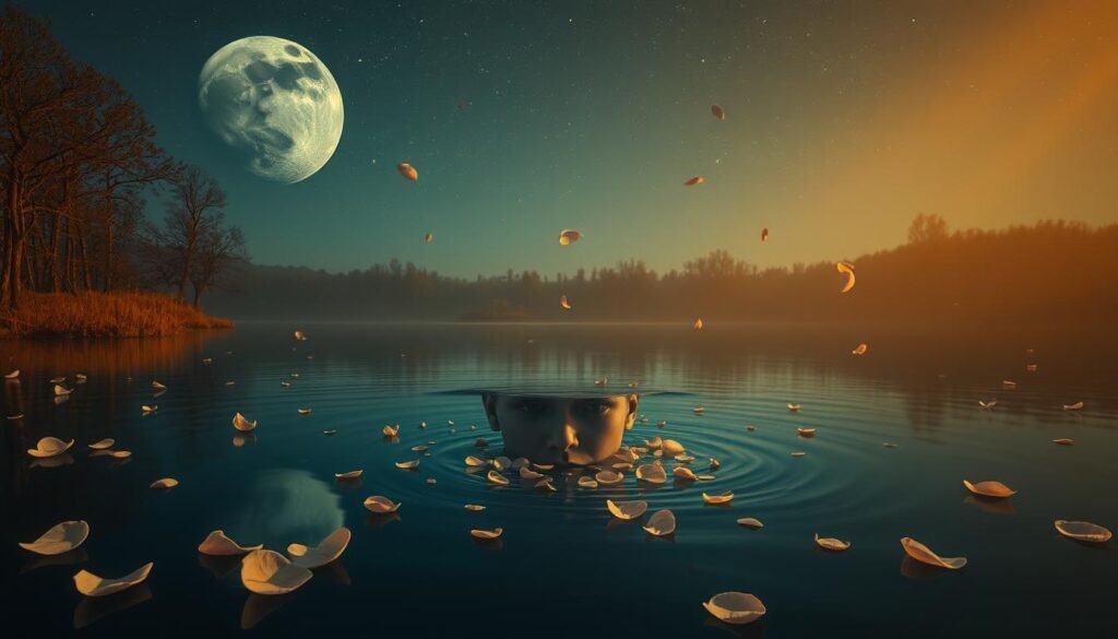 A surreal dreamscape filled with symbolic imagery. A serene, moonlit landscape, with a tranquil lake reflecting the night sky. In the foreground, a submerged figure emerges from the water, distorted and ethereal, representing the subconscious mind. Surrounding the figure, delicate flower petals float on the surface, hinting at themes of fragility and vulnerability. In the middle ground, abstract shapes and forms float, suggesting the fluid, ever-changing nature of dreams. The background features a starry sky, with celestial bodies providing a sense of mystery and the unknown. Soft, warm lighting casts a warm, contemplative glow over the entire scene, enhancing the mood of introspection and self-discovery.