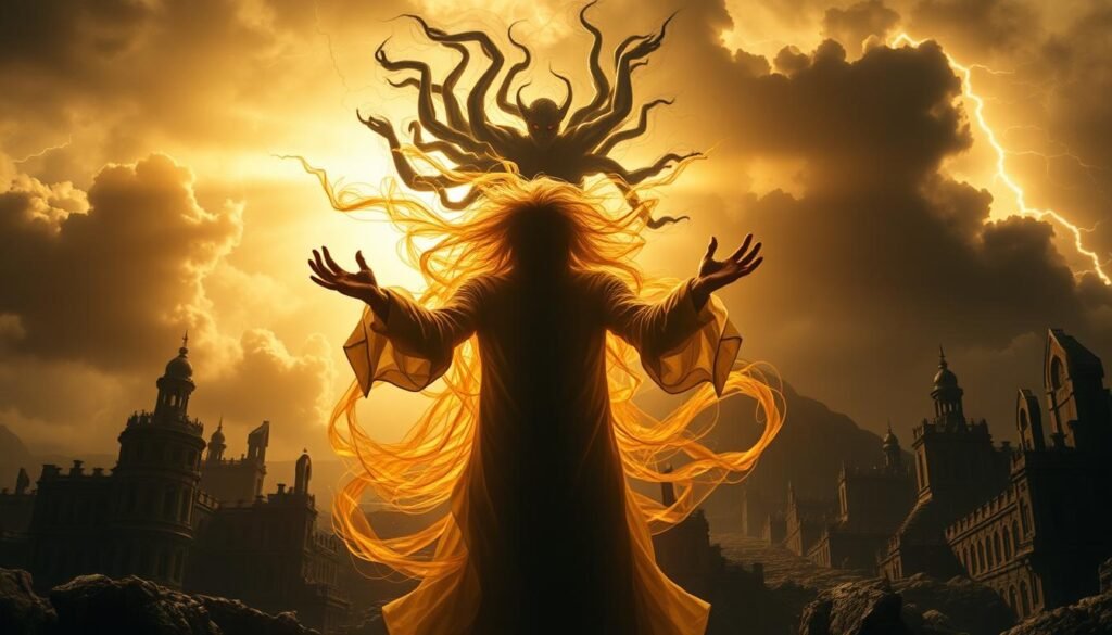 A surreal dreamscape, illuminated by a warm, golden light. In the foreground, a figure wreathed in swirling, ethereal energy, their hands outstretched in a gesture of power and control. Behind them, a shadowy entity, its form shifting and undulating, conveying a sense of menace and the struggle for domination. The middle ground features a fragmented, distorted landscape, with warped architectural elements and a sense of instability, reflecting the inner turmoil and conflict. In the background, a stormy sky, its clouds roiling and charged with electric energy, mirroring the tension and unease of the scene. The overall atmosphere is one of unease, with a sense of the subconscious and the battle for psychic sovereignty.