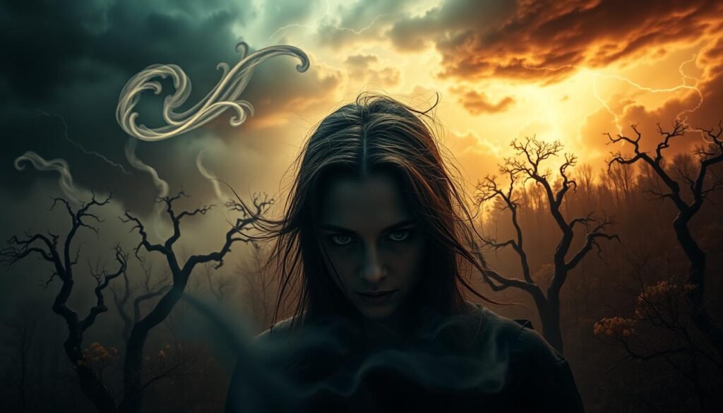 A surreal, dreamscape landscape with a central figure of a powerful yet emotionally expressive witch. The foreground features the witch, her face a mix of intense focus and raw vulnerability, her eyes piercing yet unsettling. Swirling mists and ethereal wisps envelop her, suggesting a vast, otherworldly realm. The middle ground depicts a mystical forest, with twisted, gnarled trees and a faint, glowing energy radiating from the undergrowth. In the background, a roiling, stormy sky filled with ominous clouds and flashes of lightning, creating a sense of unease and the supernatural. Warm, muted tones throughout, with strategic pops of color to draw the eye. Moody, atmospheric lighting casts dramatic shadows, heightening the emotional impact. An intimate, psychological portrait of the witch's internal landscape.
