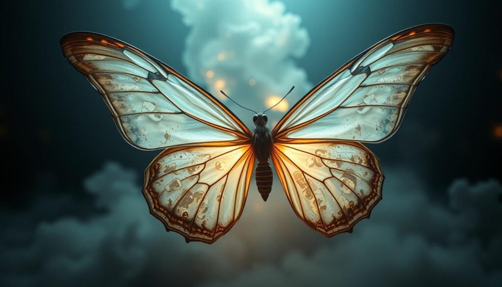A surreal dreamscape of a butterfly in mid-transformation, its wings unfurling to reveal an intricate inner world. In the foreground, the butterfly's gossamer wings, rendered in soft, iridescent hues, spread open, hinting at the process of change. The middle ground features a swirling, abstract landscape of shapes and colors, suggesting the subconscious realm of dreams. In the background, a dim, atmospheric setting with muted tones and subtle lighting, evoking a sense of introspection and metamorphosis. The overall mood is one of wonder, mystery, and the profound personal growth that can occur during the transformative process, as symbolized by the butterfly.