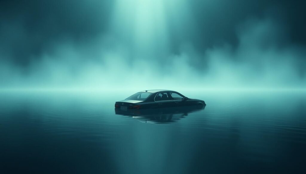 A surreal dreamscape of a car slowly sinking into a tranquil, reflective body of water. The car is partially submerged, with only the roof and rear visible above the glassy surface. The water is a deep, inky blue, creating a serene and ominous atmosphere. Shafts of soft, directional light pierce through the water, illuminating the sinking vehicle. The scene is framed by a hazy, ethereal background, giving the impression of a subconscious realm. The overall mood evokes a sense of unease, loss, and the unsettling nature of the subconscious mind.