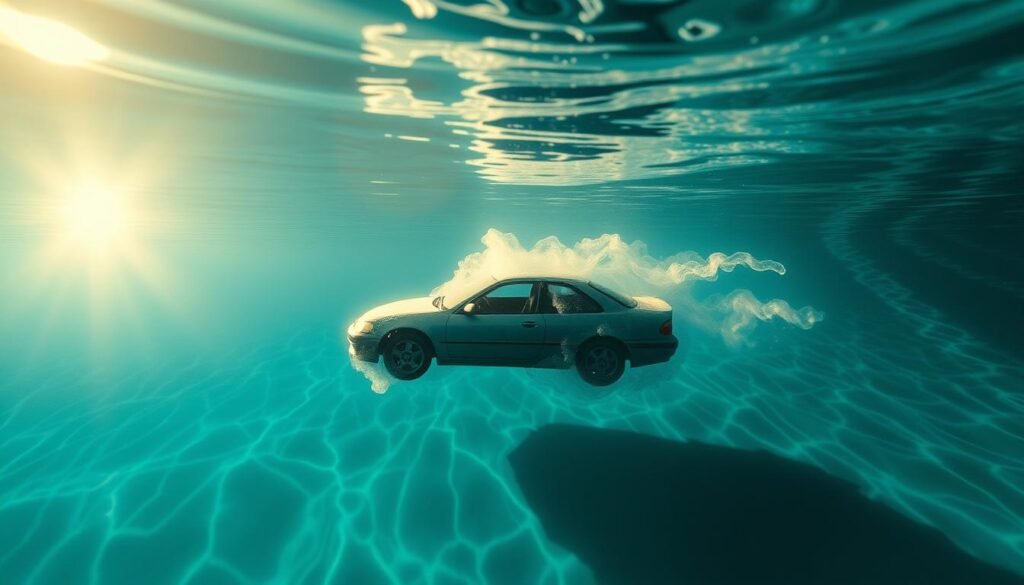 A surreal dreamscape of a car submerged in a serene, reflective pool. Sunlight dapples the surface, casting a warm, ethereal glow. The car, suspended in the watery depths, symbolizes the subconscious mind, with the water representing the depths of the psyche. Wispy, translucent tendrils of mist swirl around the car, blurring the boundary between reality and imagination. The composition is balanced, with the car centered and the water filling the frame, creating a sense of tranquility and introspection. The overall mood is pensive, inviting the viewer to explore the symbolic significance of this dream imagery.