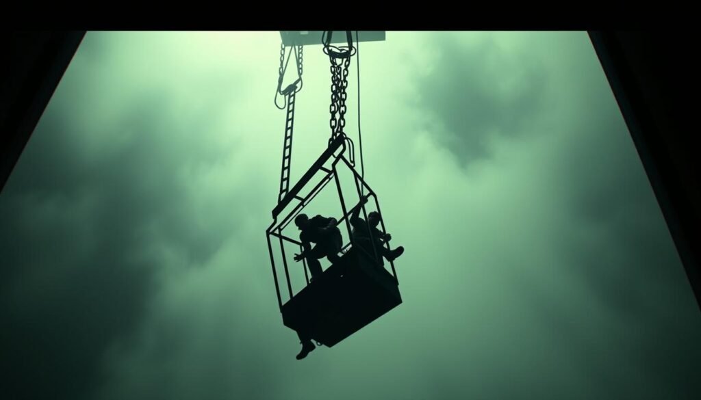 A surreal dreamscape of a falling elevator, its metal frame twisting and contorting mid-air. Dim lighting casts dramatic shadows, evoking a sense of unease and uncertainty. In the foreground, the elevator car plummets downward, its occupants frozen in expressions of terror and panic. The background is a hazy, ethereal void, suggesting the disorienting nature of the subconscious realm. The composition is shot from a low angle, heightening the dramatic tension and conveying the vertigo of the free-fall. The overall mood is one of ominous foreboding, capturing the anxieties and unresolved issues that may be manifesting in the dreamer's psyche.