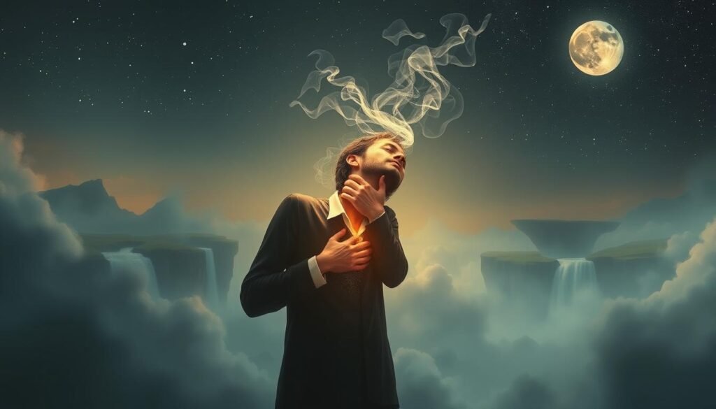 A surreal dreamscape of a figure embracing and releasing their emotional burdens. In the foreground, a wisp-like entity emerges from the person's chest, representing repressed memories and pain. Soft, diffused lighting bathes the scene in a calming, introspective glow. The middle ground features a tranquil, ethereal landscape with floating islands and cascading waterfalls, symbolizing the inner journey of self-discovery. In the background, a starry sky with a full moon casts a serene, otherworldly atmosphere, evoking a sense of spiritual reconnection. Rendered in a painterly, impressionistic style with a focus on emotional expression and symbolic elements.